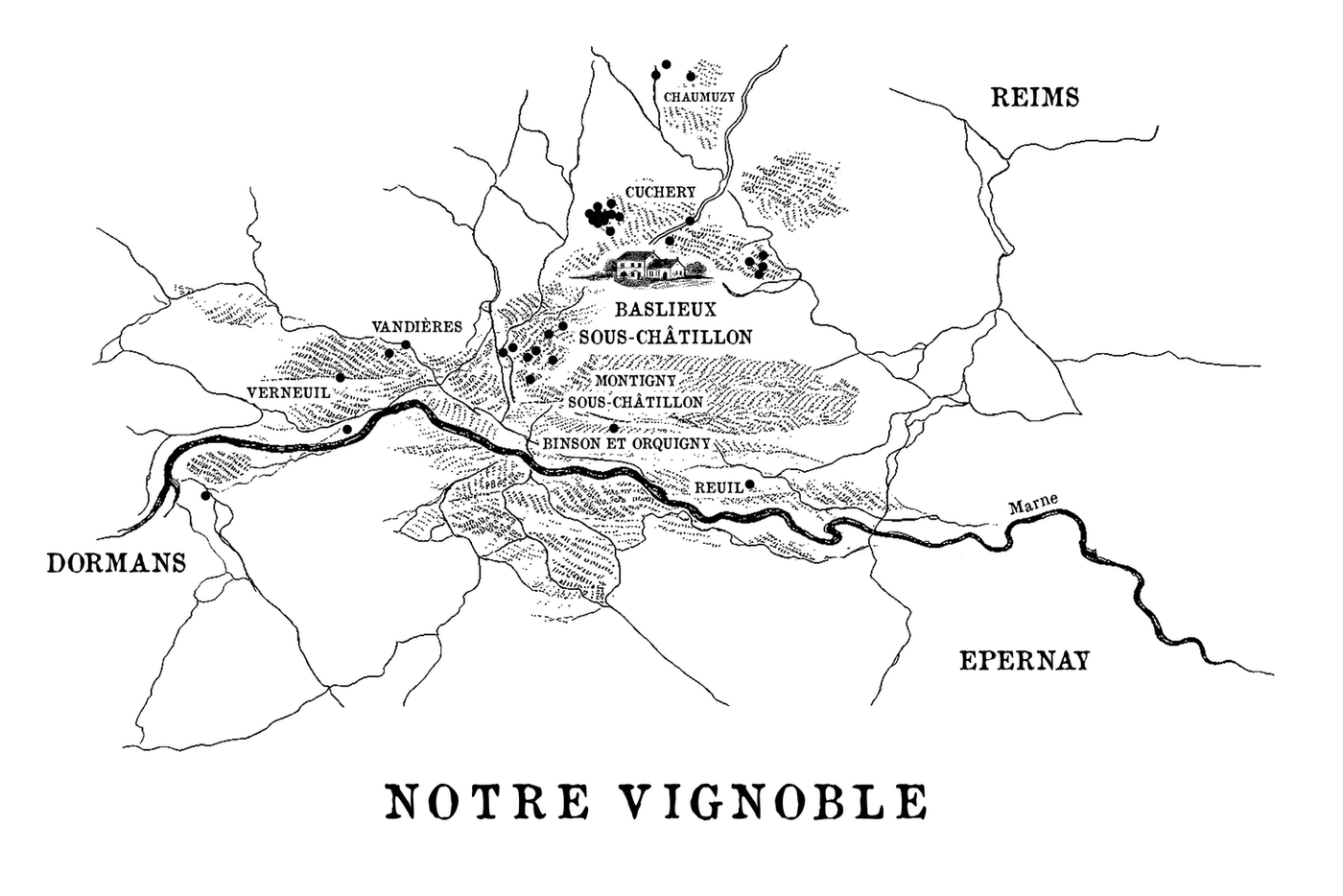 Carte « Notre vignoble » : Baslieux-sous-Châtillon et les villages voisins, entre Reims, Épernay et Dormans, le long de la Marne